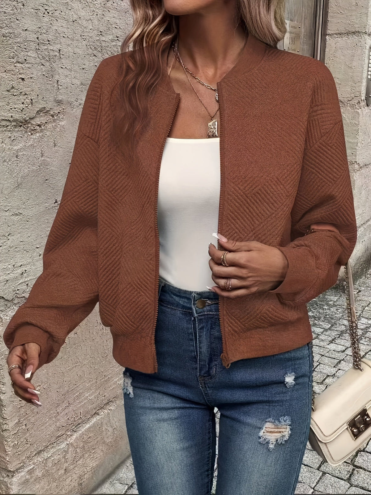 Sylvie - Veste Élégante Zippée Texturée