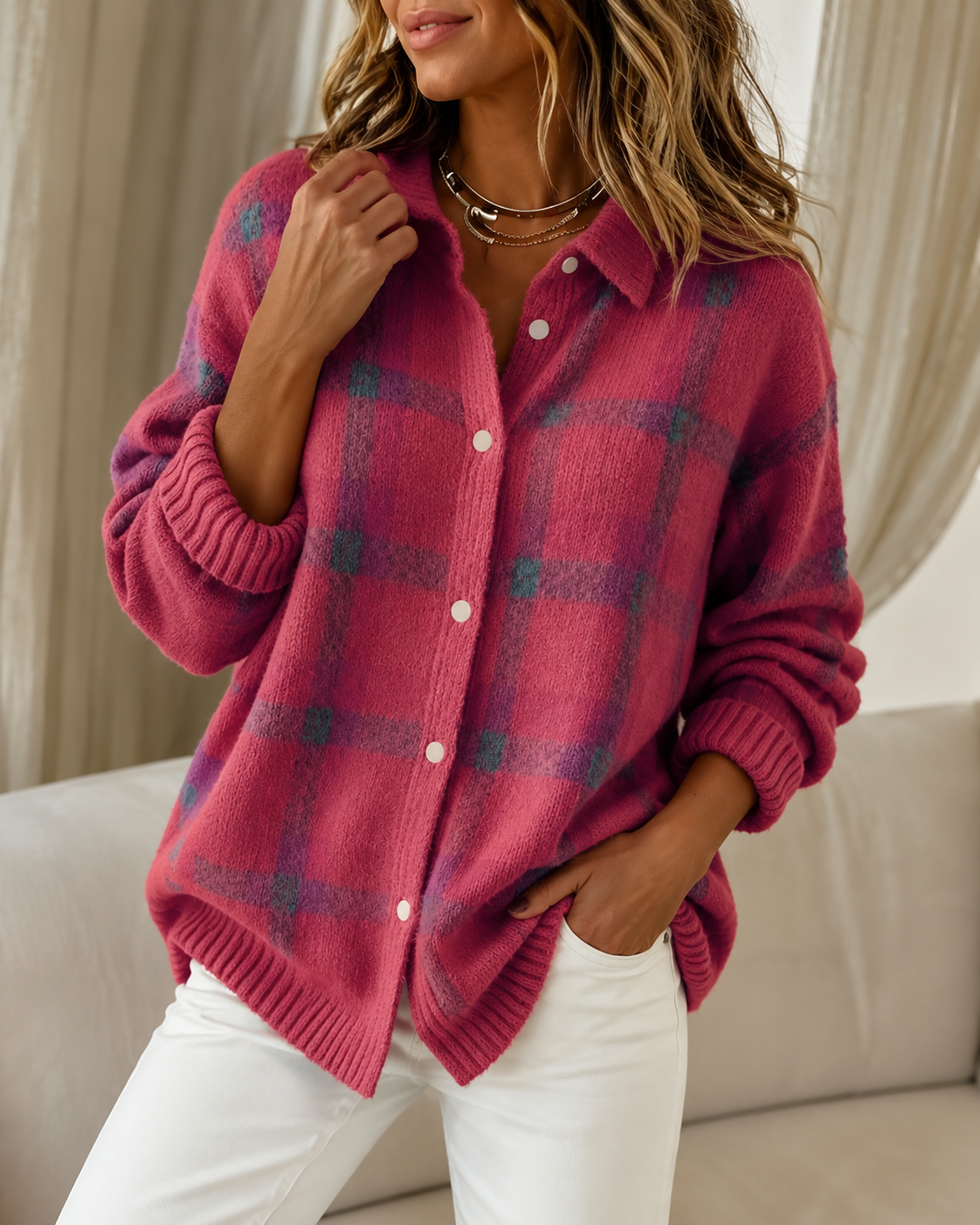 Nathalie - Cardigan Chic Carreaux Grosse Maille