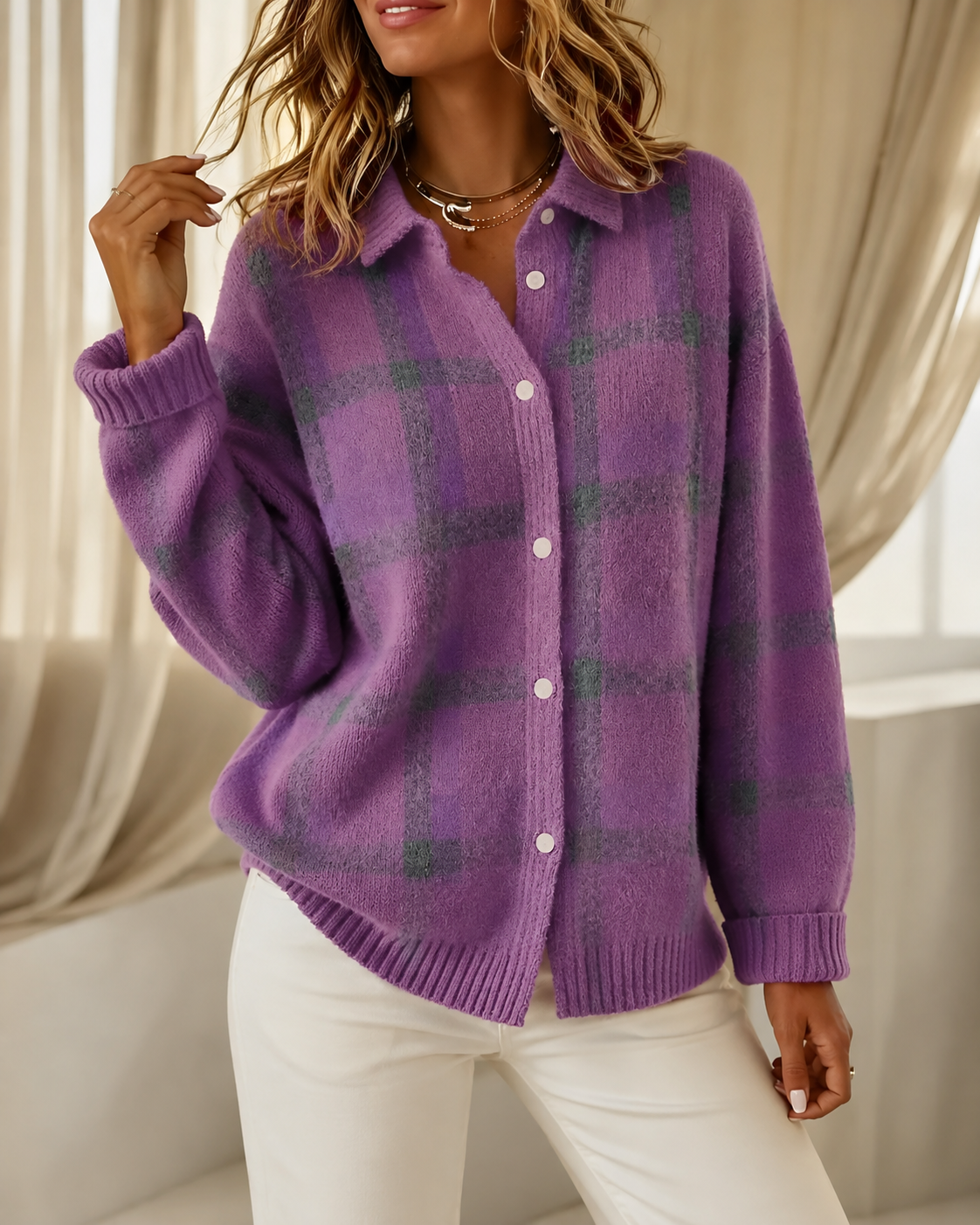 Nathalie - Cardigan Chic Carreaux Grosse Maille
