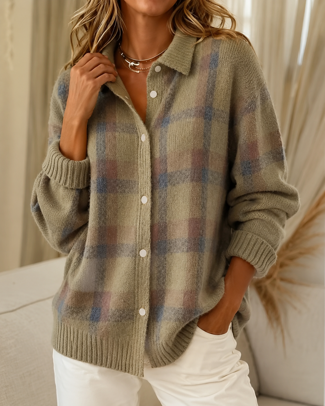 Nathalie - Cardigan Chic Carreaux Grosse Maille