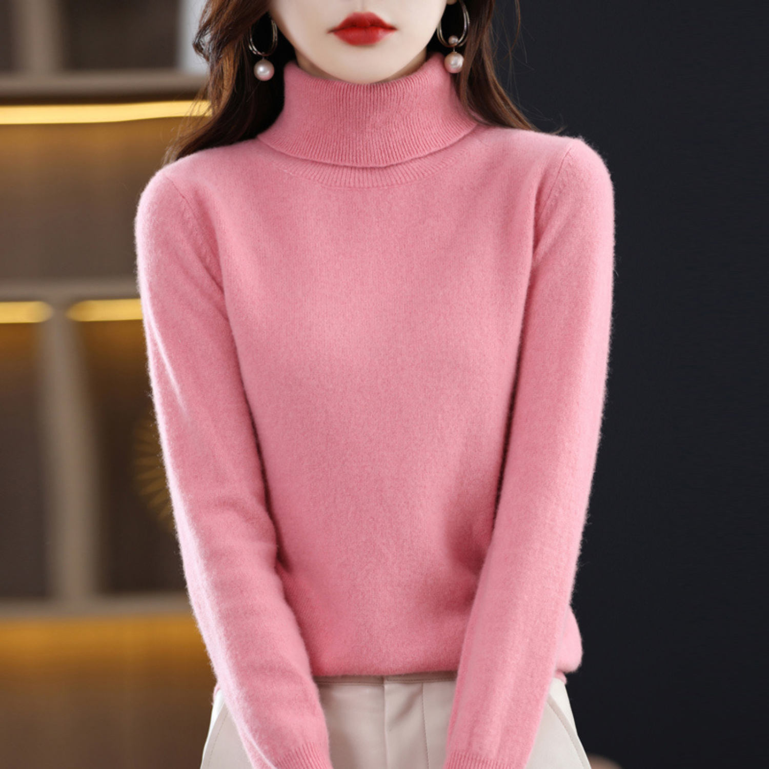 Rose - Pull Cachemire Col Roulé Femme