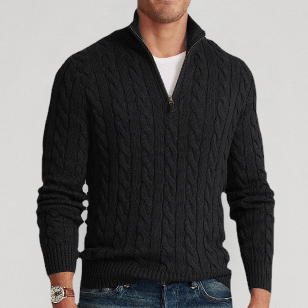 Léon - Pull Cachemire Maille Torsadée Demi-Zip Premium Homme