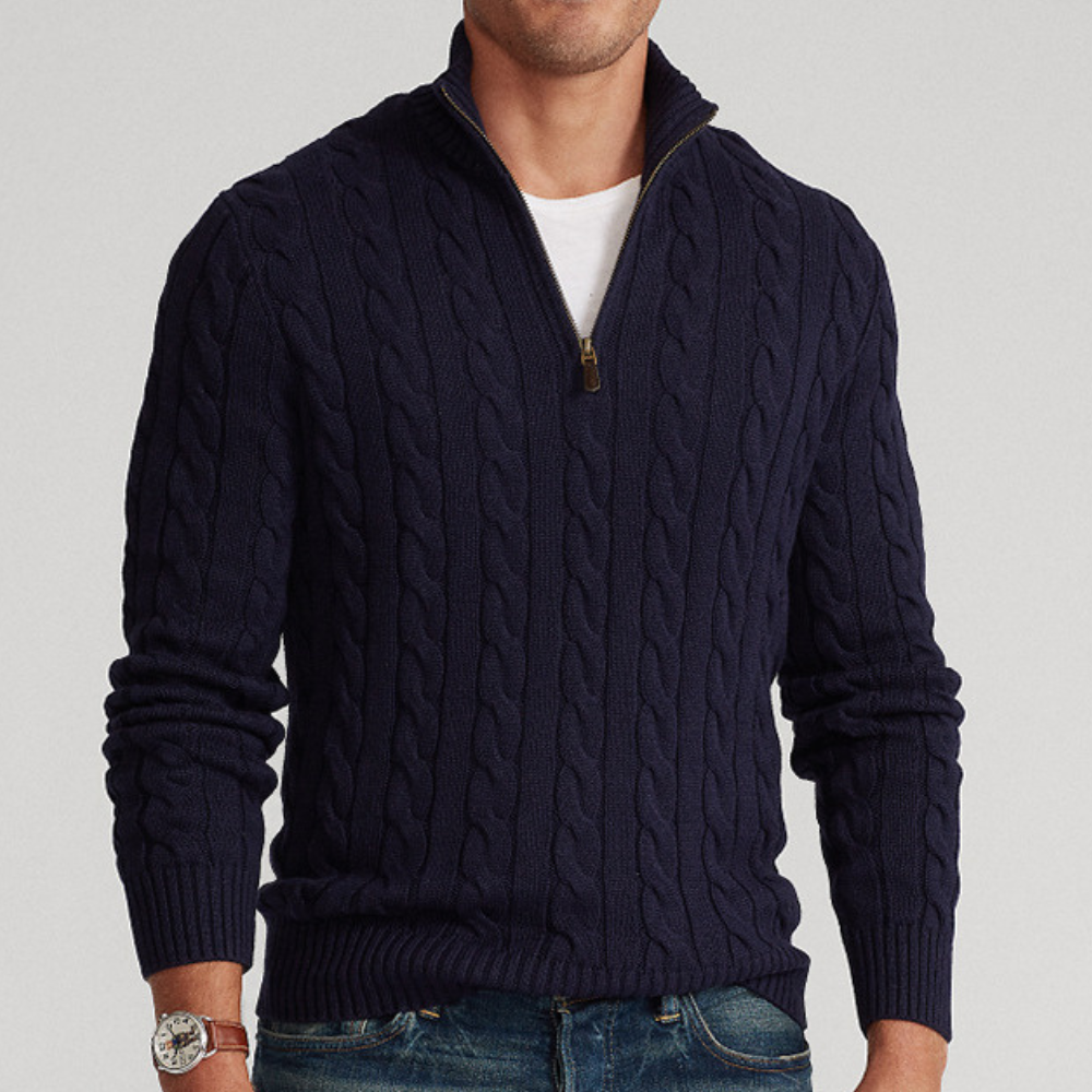 Léon - Pull Cachemire Maille Torsadée Demi-Zip Premium Homme