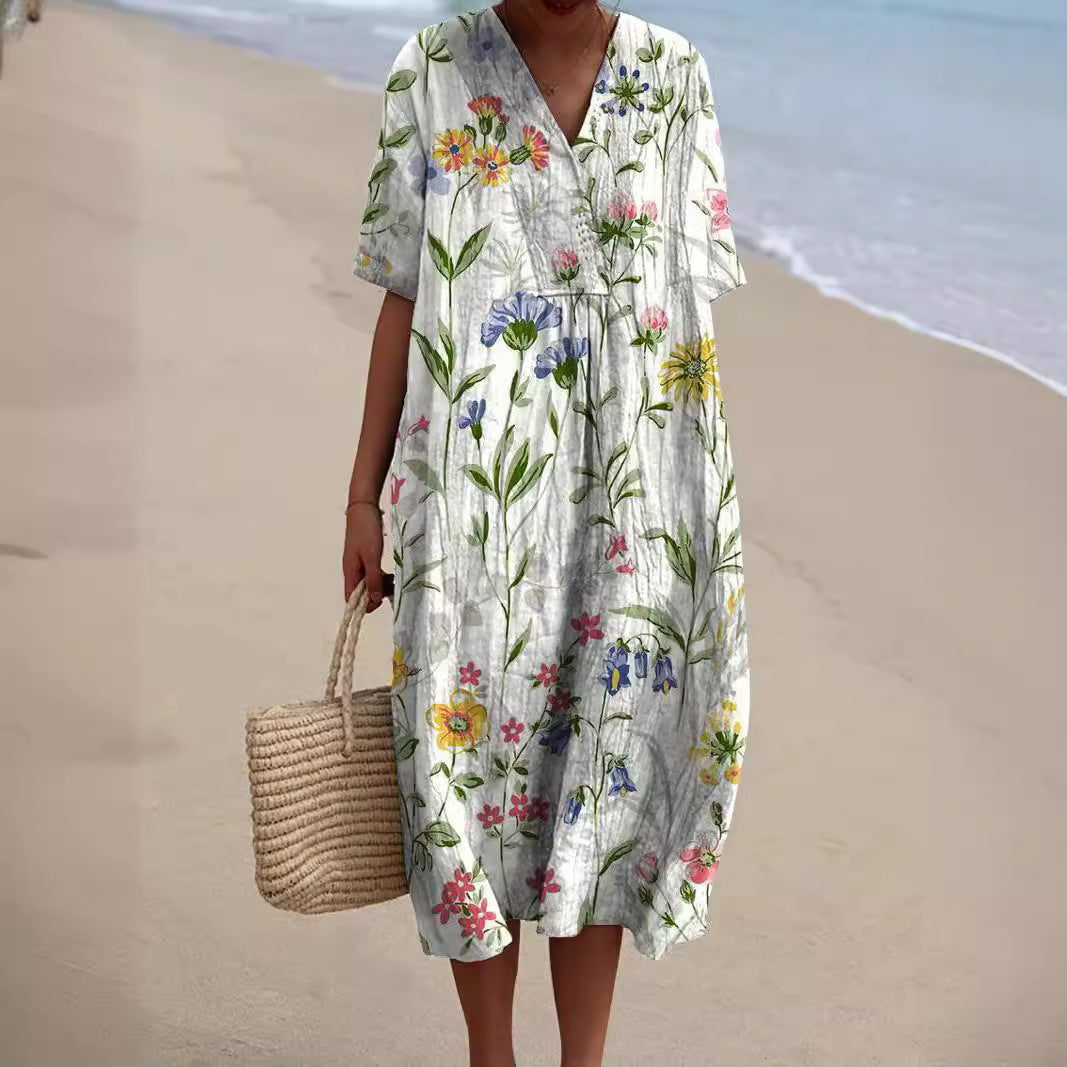 Lucie - Belle Robe en Lin Fleurie Femme