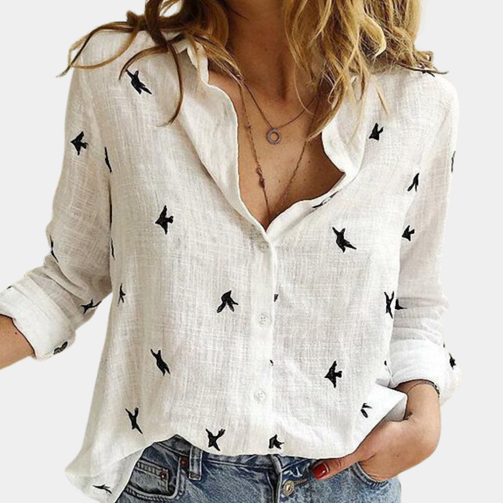 Dominique - Chemise Imprimée Oiseaux Manches Longues Femme