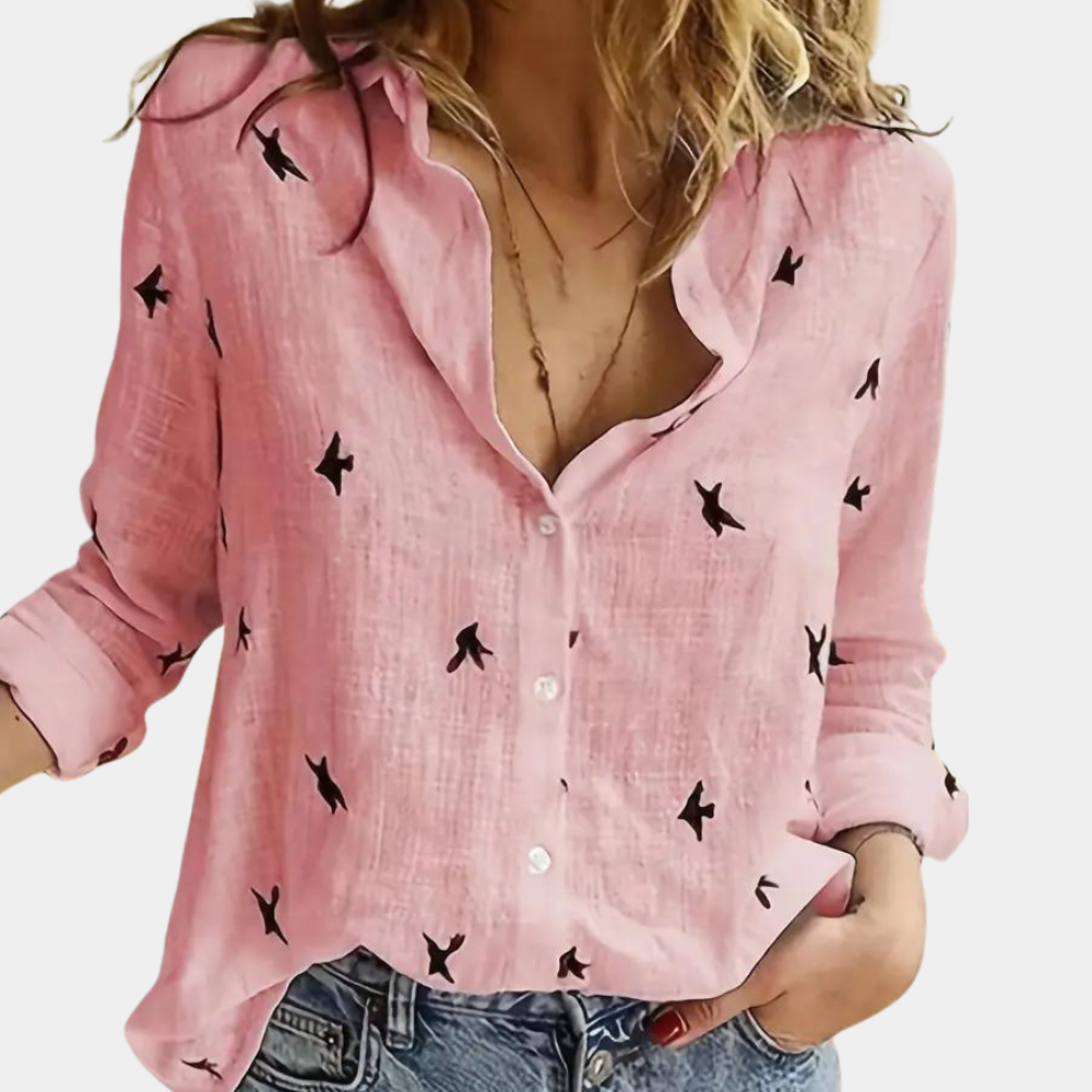 Dominique - Chemise Imprimée Oiseaux Manches Longues Femme
