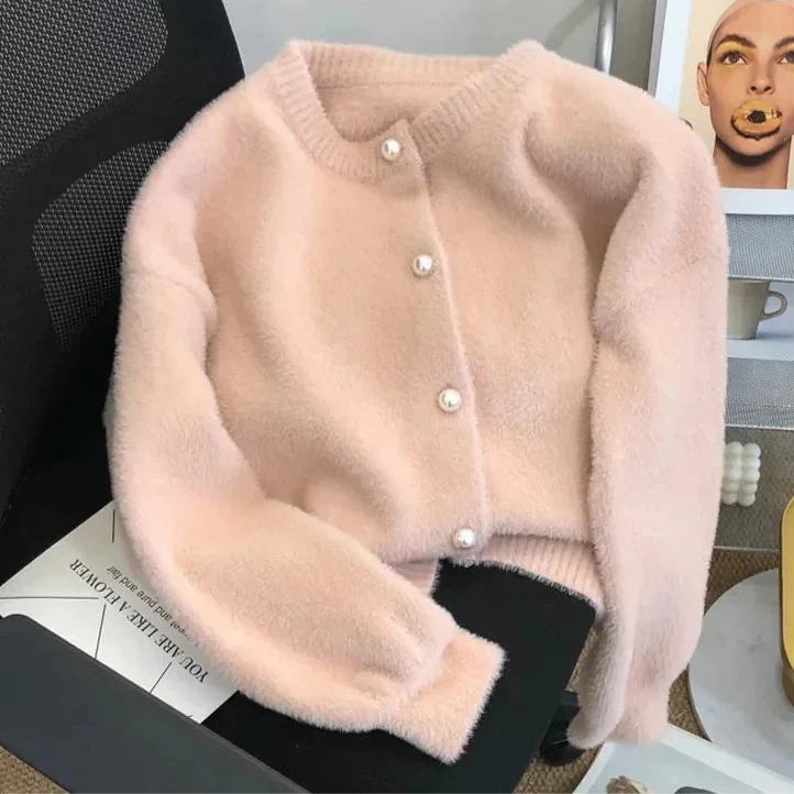 Léa - Cardigan Maille Velours Boutons Perles Femme