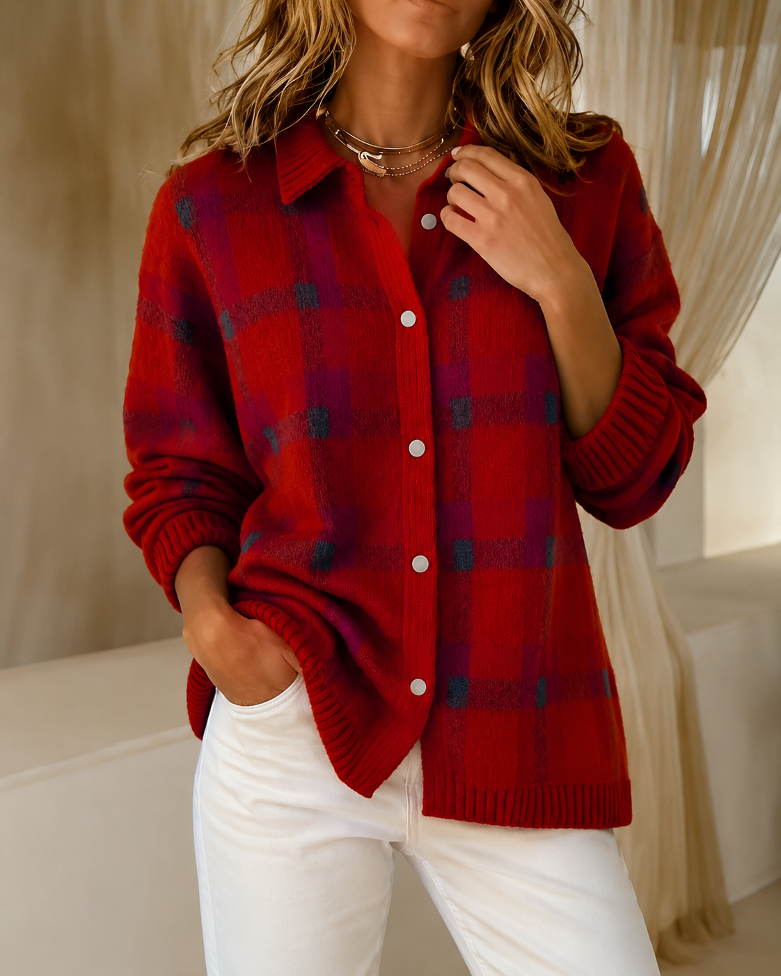 Nathalie - Cardigan Chic Carreaux Grosse Maille