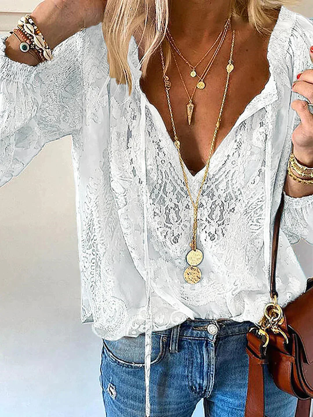 Blouse Femme En Dentelle Col V Bohème - Dominique