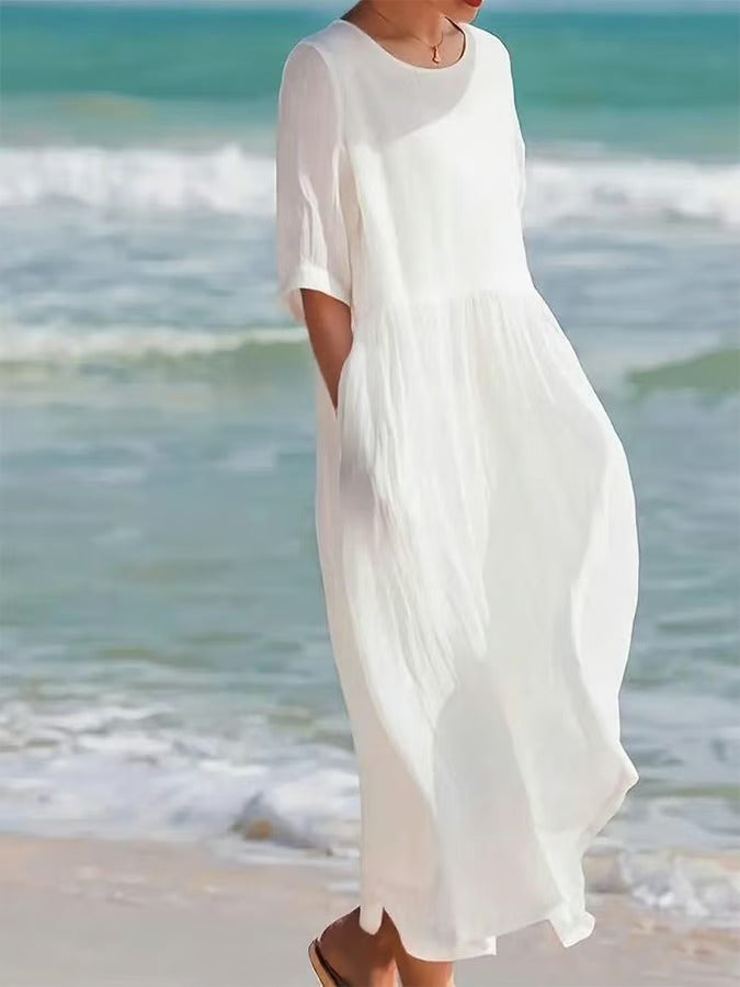 Maryline - Belle Robe Midi en Lin Unie Femme