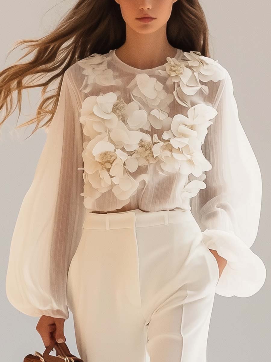 Monique - Chemise Chiffon Élégante Fleurs 3D Femme