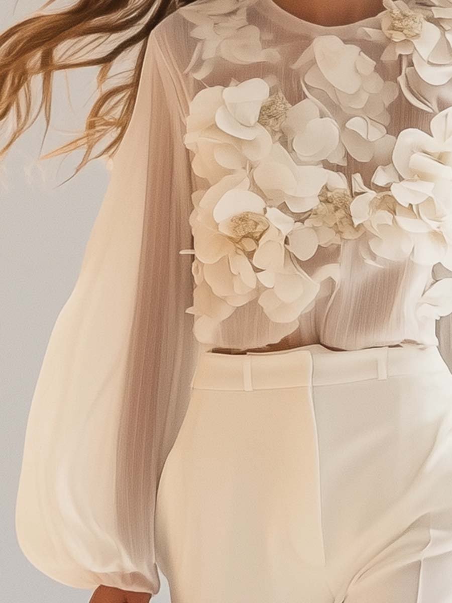 Monique - Chemise Chiffon Élégante Fleurs 3D Femme