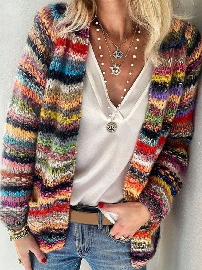 Karine - Gilet Élégant Grosse Maille Multicolore