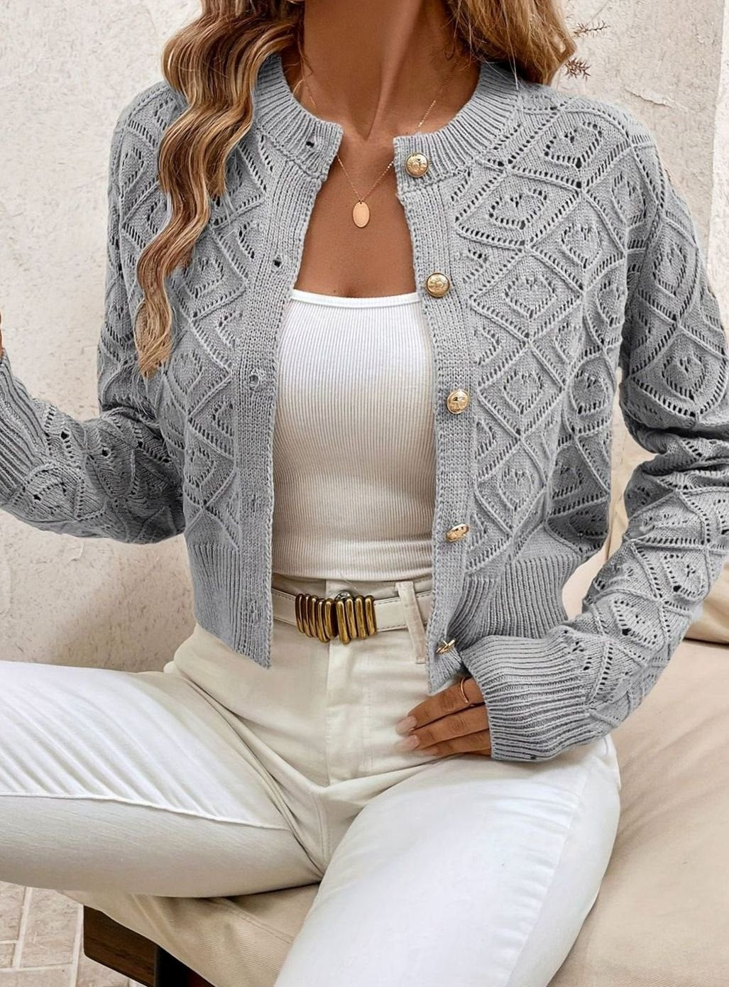 Charlotte - Cardigan Élégant Ajouré Boutonné