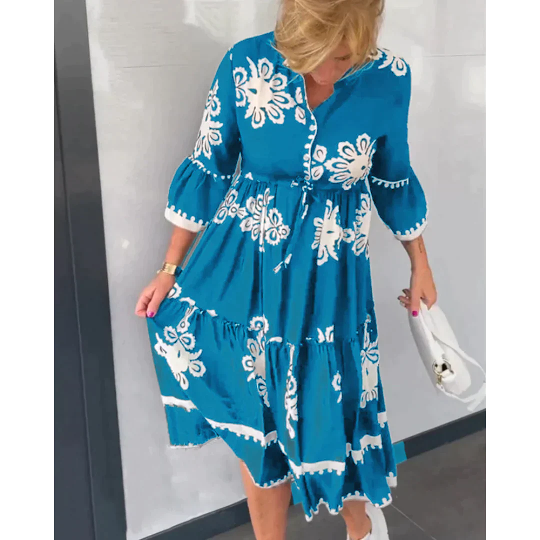 Clothilde - Robe fleurie - Manches 3/4, Détails élégants - Femme