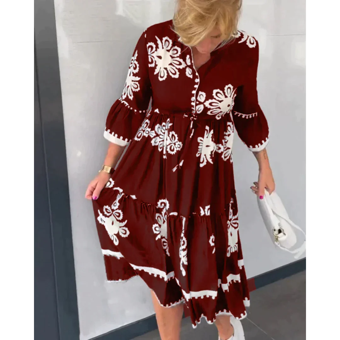 Clothilde - Robe fleurie - Manches 3/4, Détails élégants - Femme