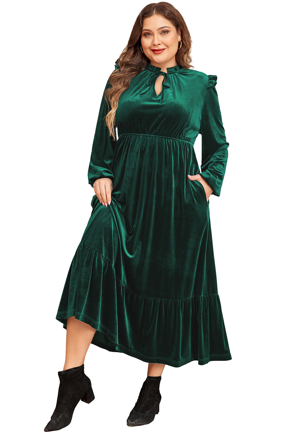 Marguerite - Robe midi grande taille - Encolure froncée, Velours, Femme