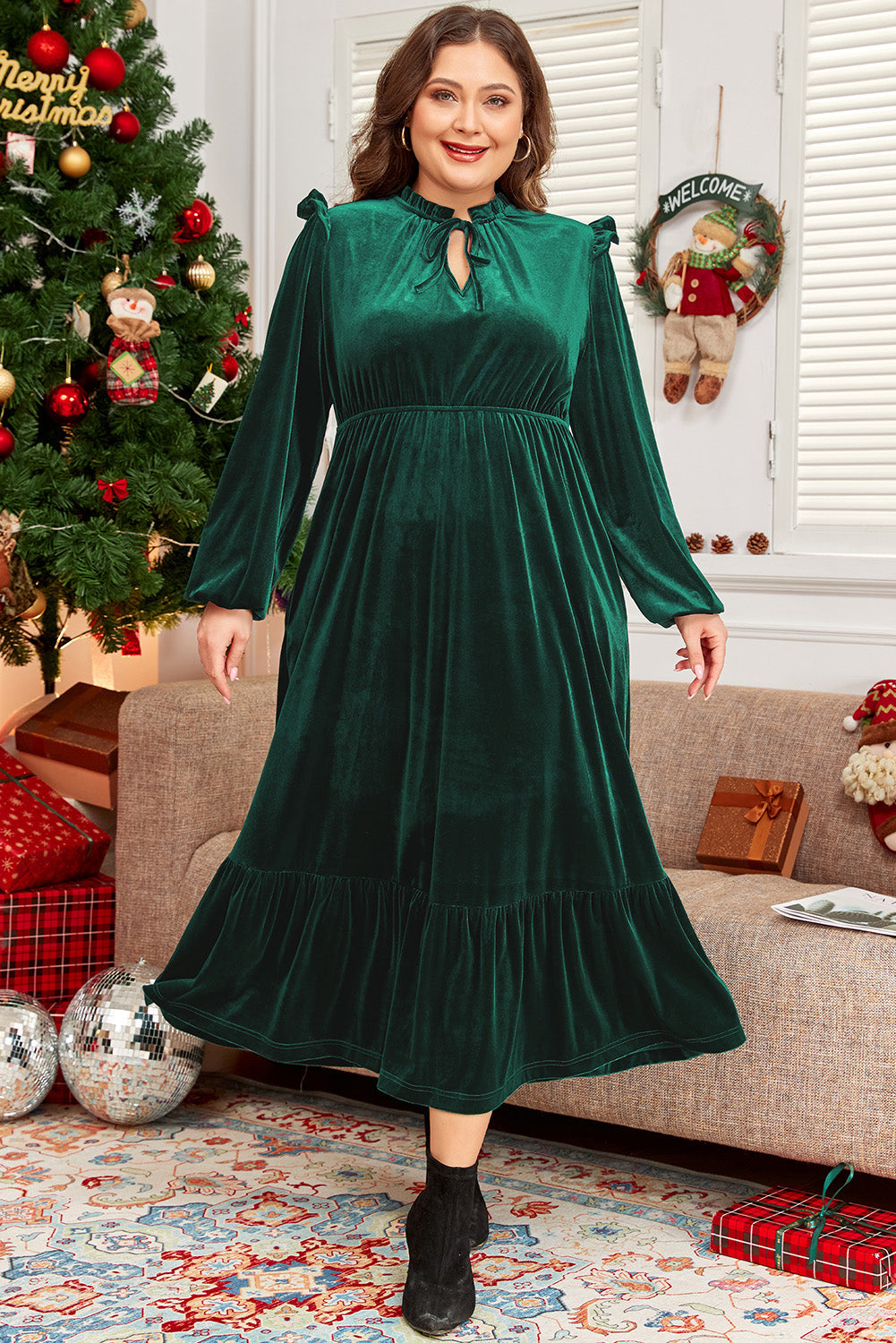 Marguerite - Robe midi grande taille - Encolure froncée, Velours, Femme