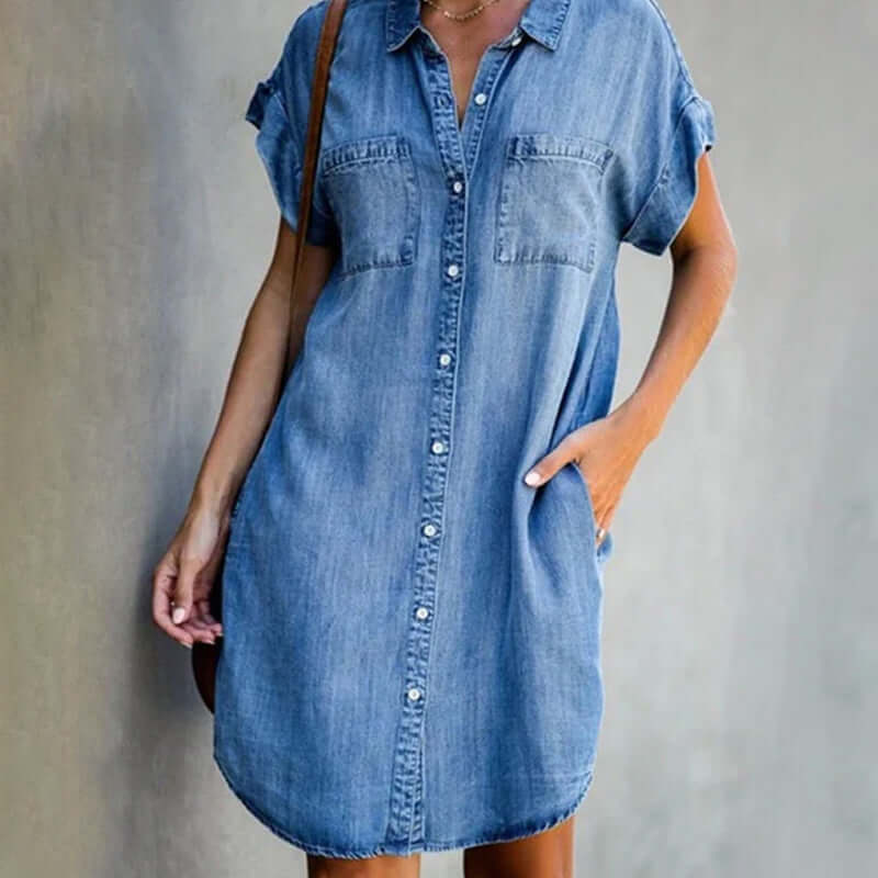 Robe Chemise Femme En Denim Manches Courtes - Martine