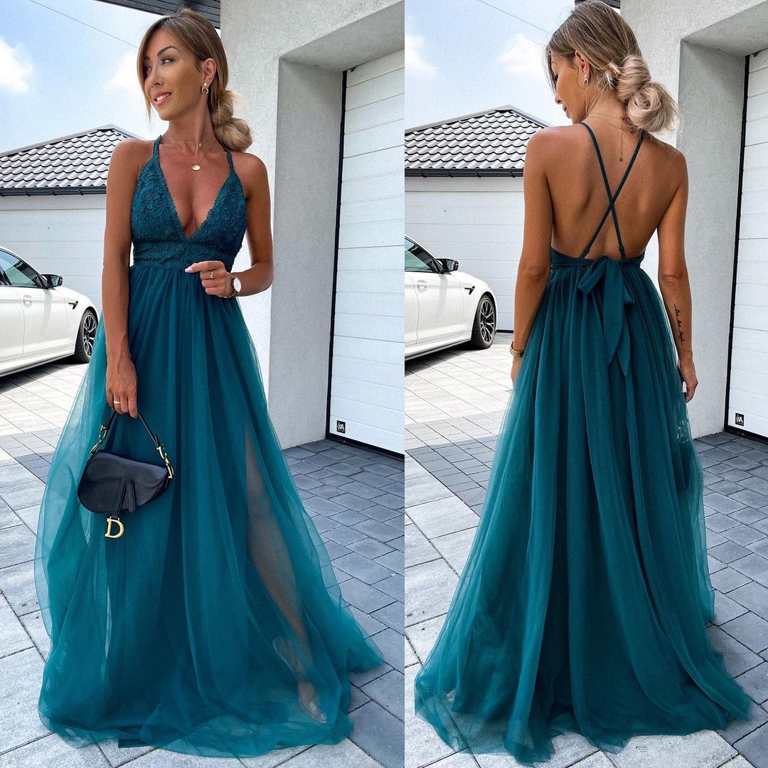 Geneviève - Robe longue - Jupe en tulle, Halter, Détails en dentelle, Femme