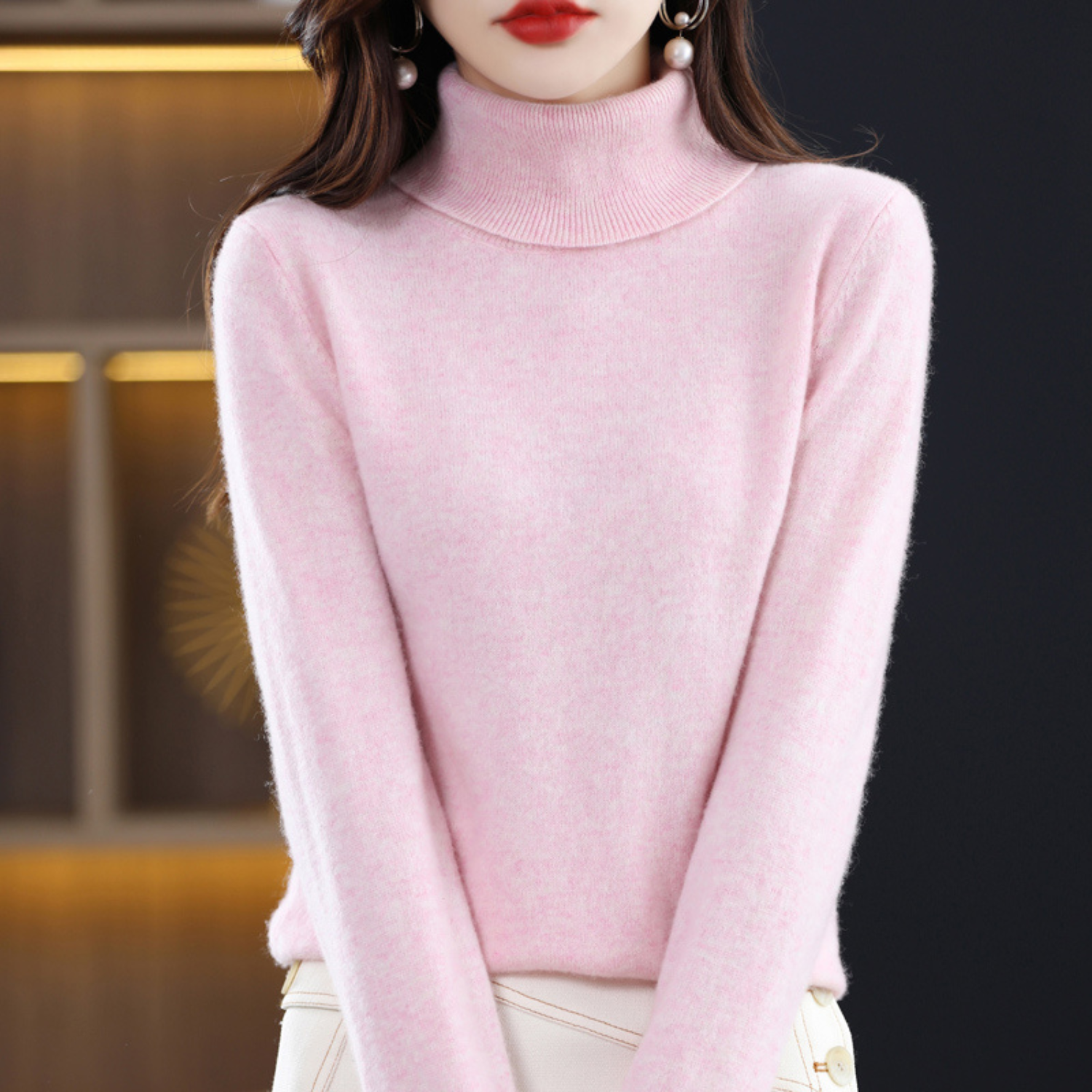 Rose - Pull Cachemire Col Roulé Femme