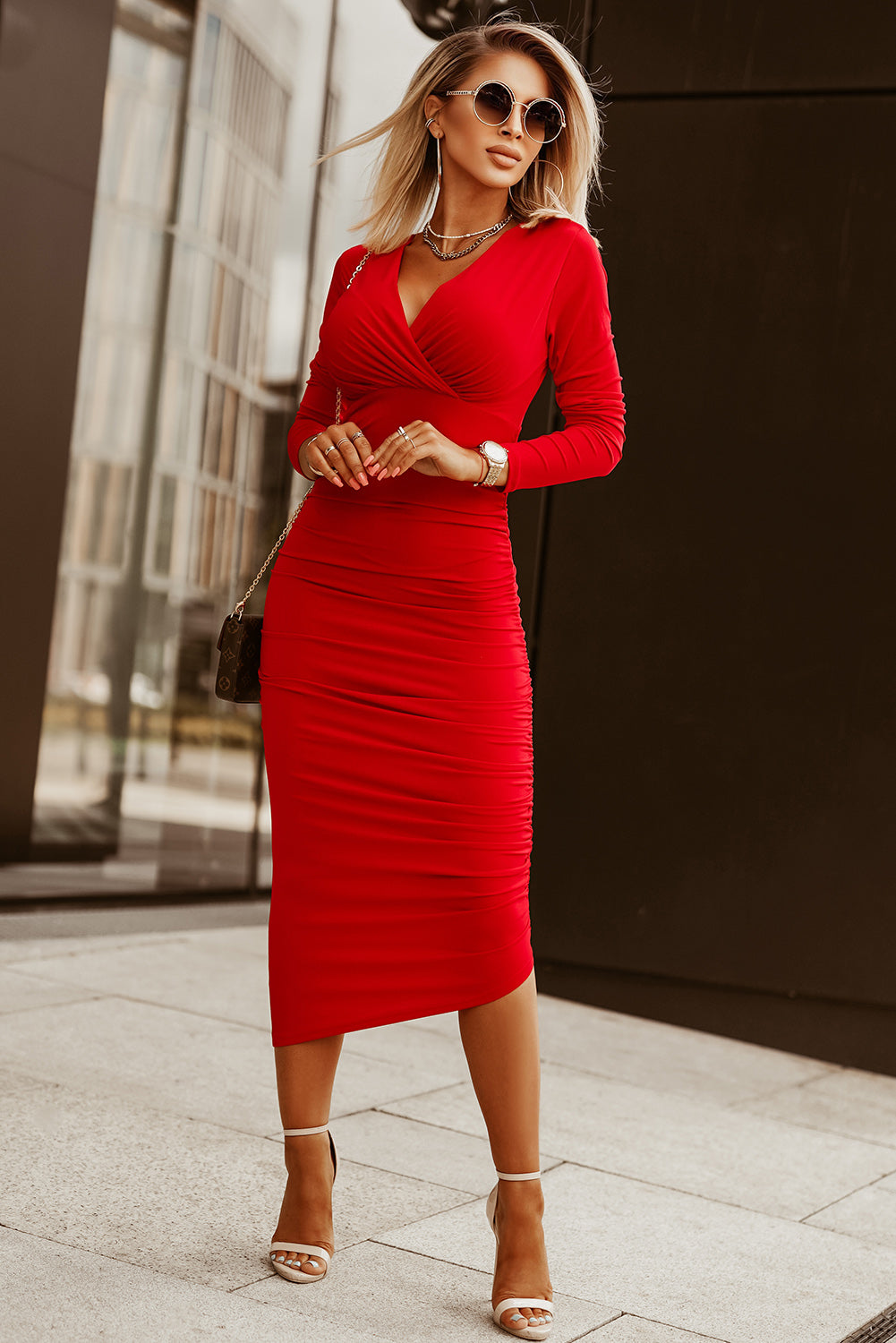 Amandine - Robe longue moulante - Col V froncé, Coupe portefeuille, Femme