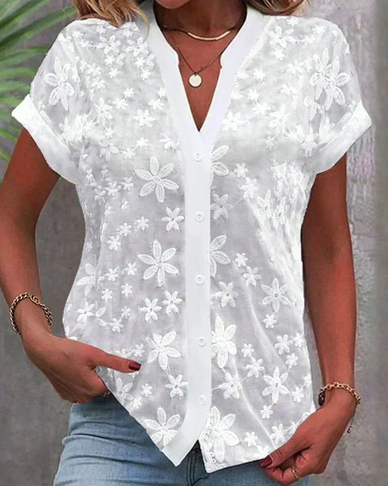 Blouse Femme Brodée Col V Manches Courtes - Véronique