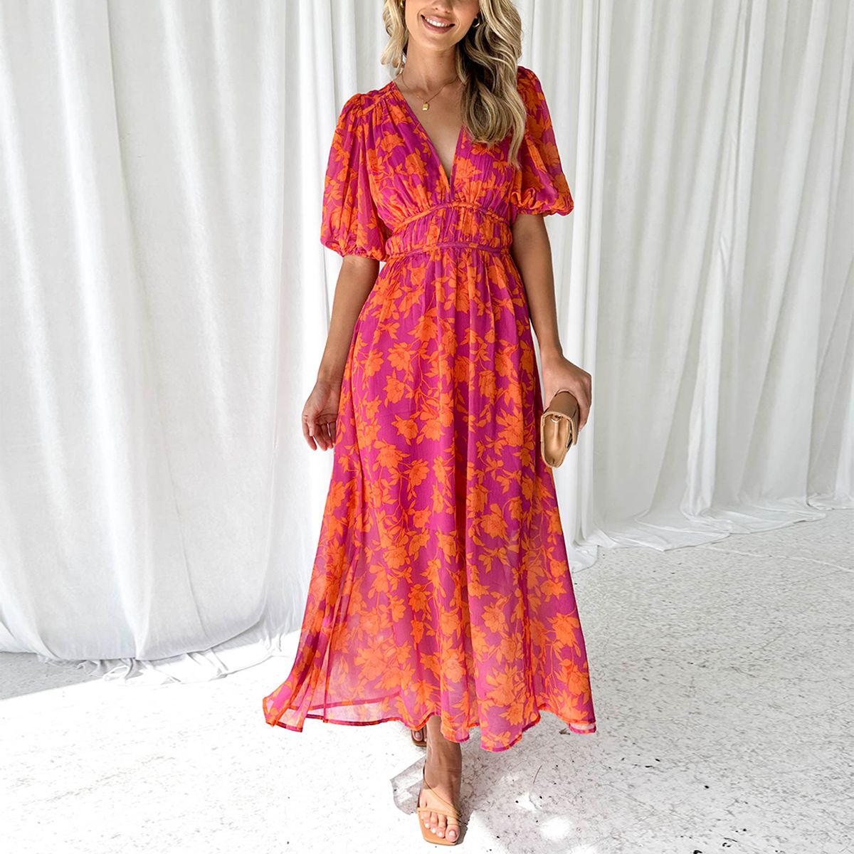 Gaëlle - Robe en coton et lin - Col rond, Imprimé naturel - Femme