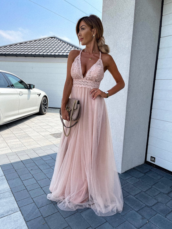 Geneviève - Robe longue - Jupe en tulle, Halter, Détails en dentelle, Femme
