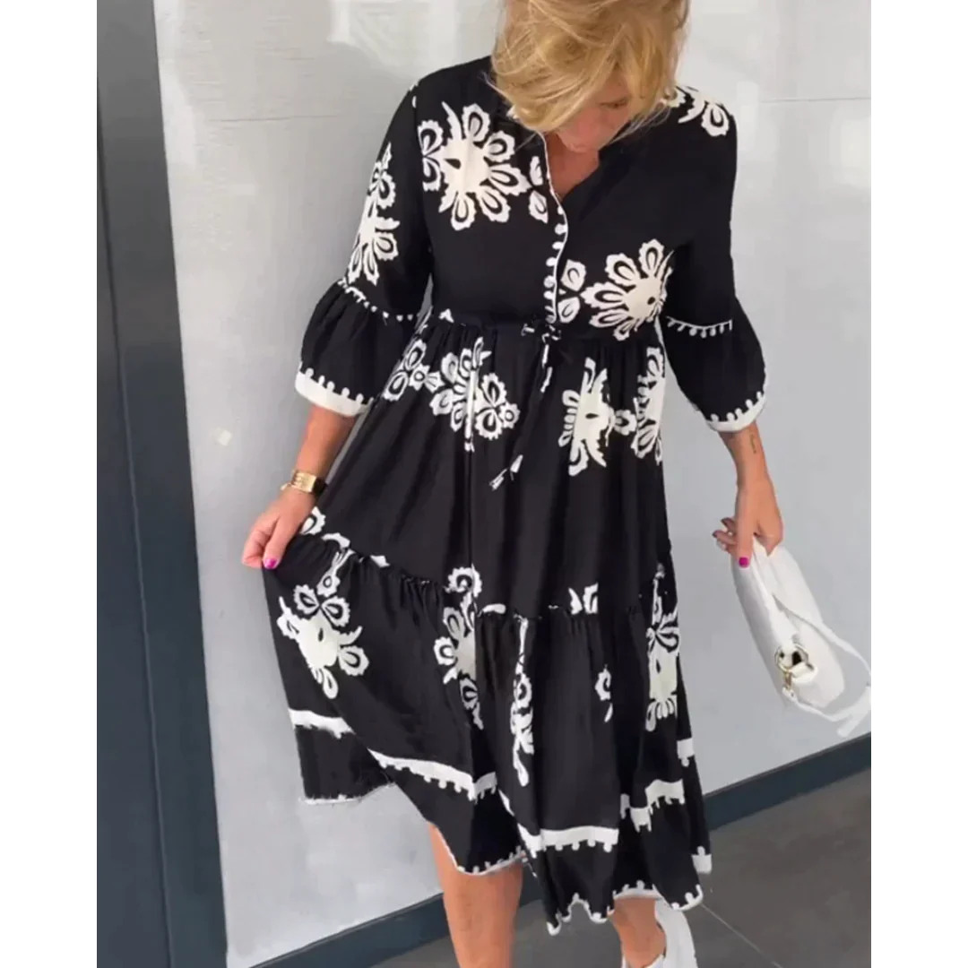 Clothilde - Robe fleurie - Manches 3/4, Détails élégants - Femme