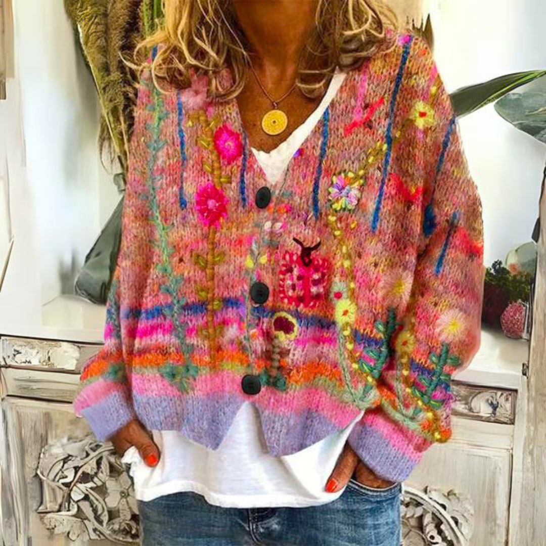 Clara - Cardigan Bohème Multicolore Broderies Florales Femme