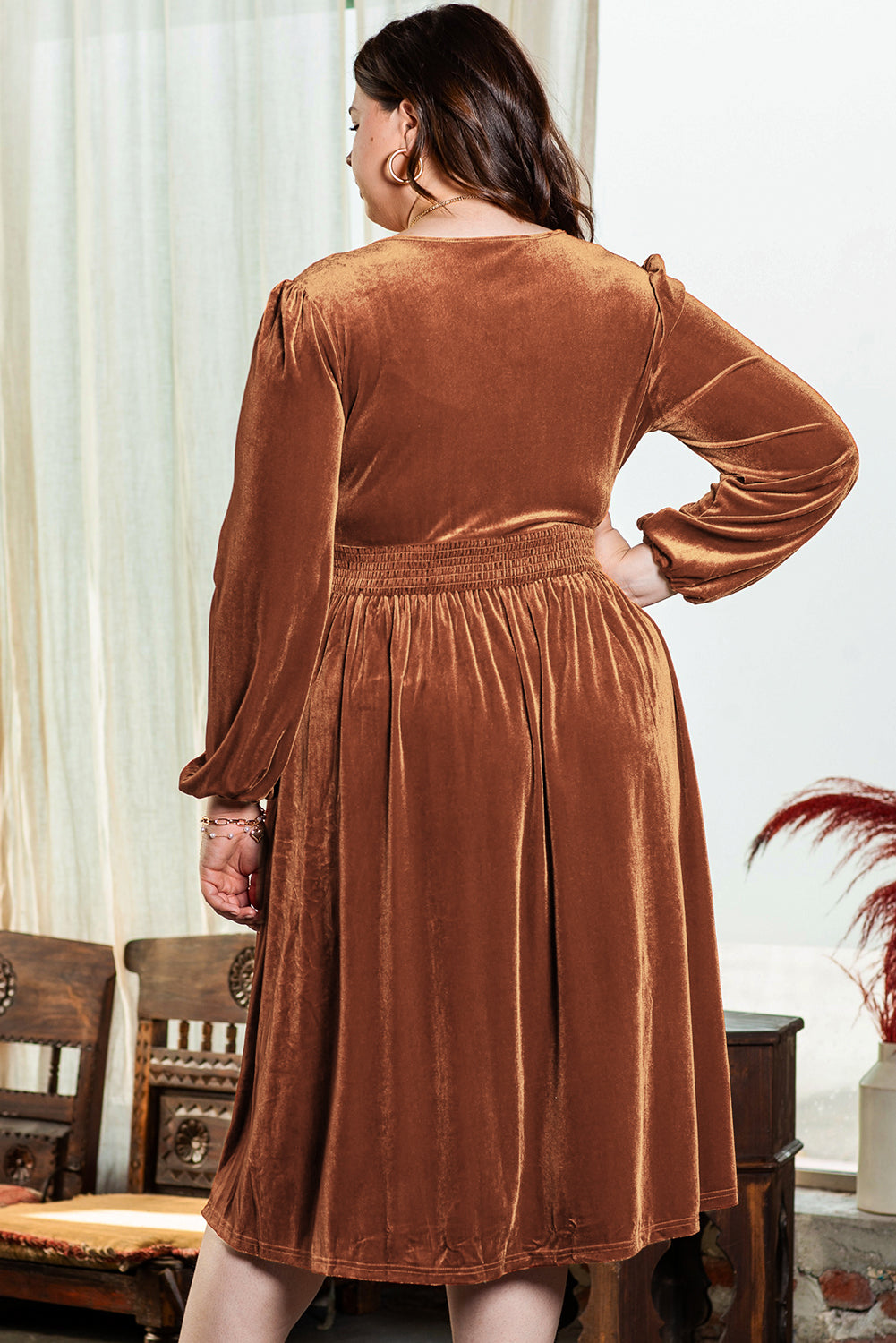 Véronique - Robe en velours - Col V, Manches bouffantes, Femme