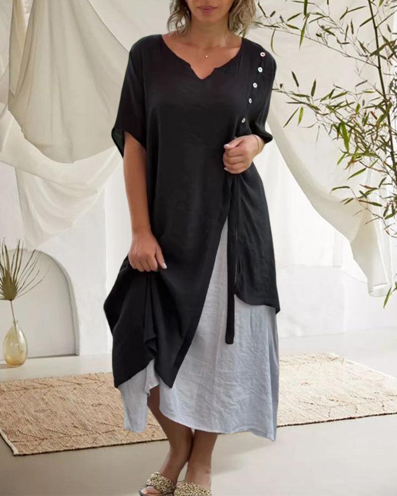 Perrine - Robe à manches courtes - Col en V, Style casual chic - Femme