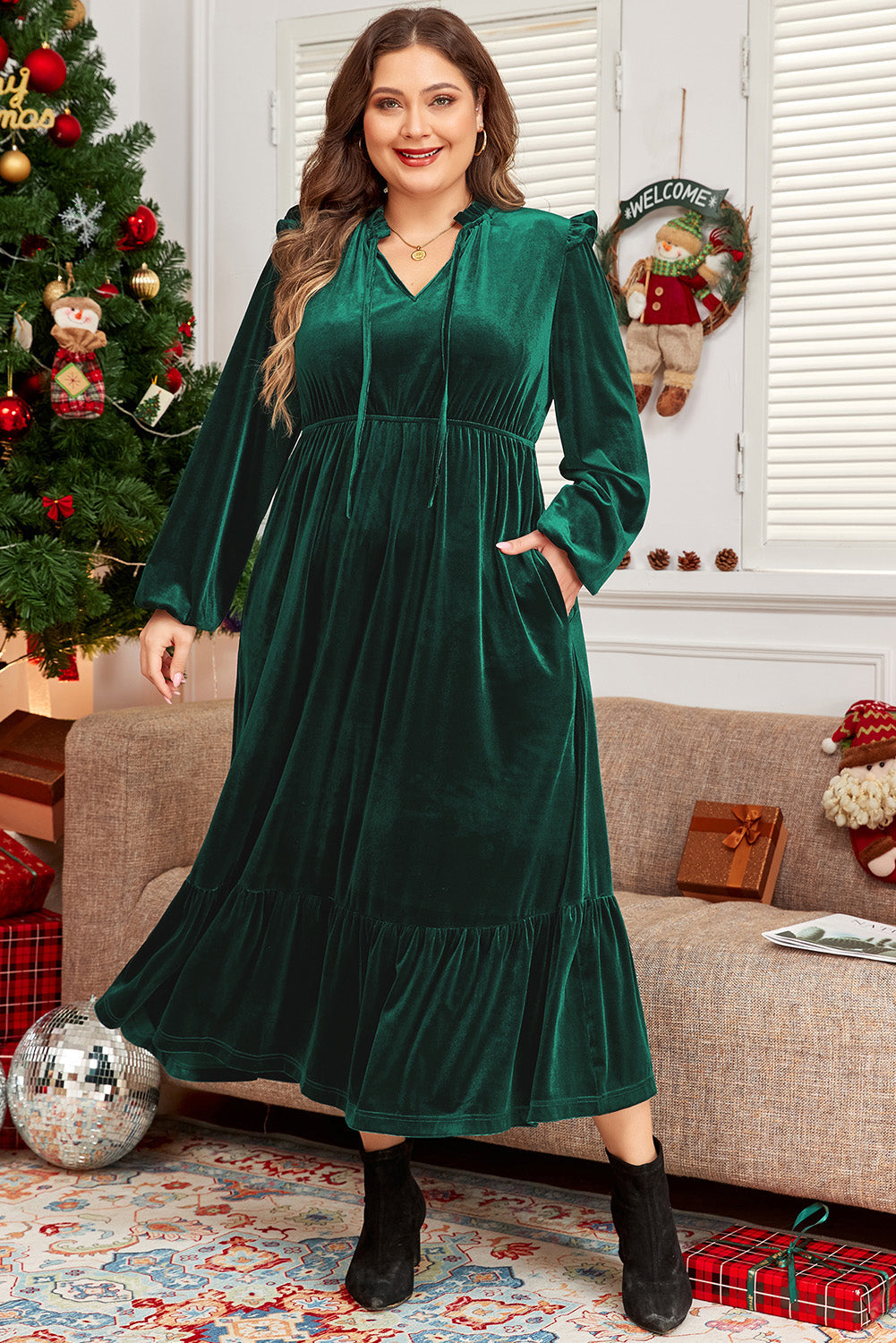 Marguerite - Robe midi grande taille - Encolure froncée, Velours, Femme