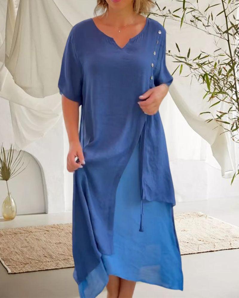 Perrine - Robe à manches courtes - Col en V, Style casual chic - Femme