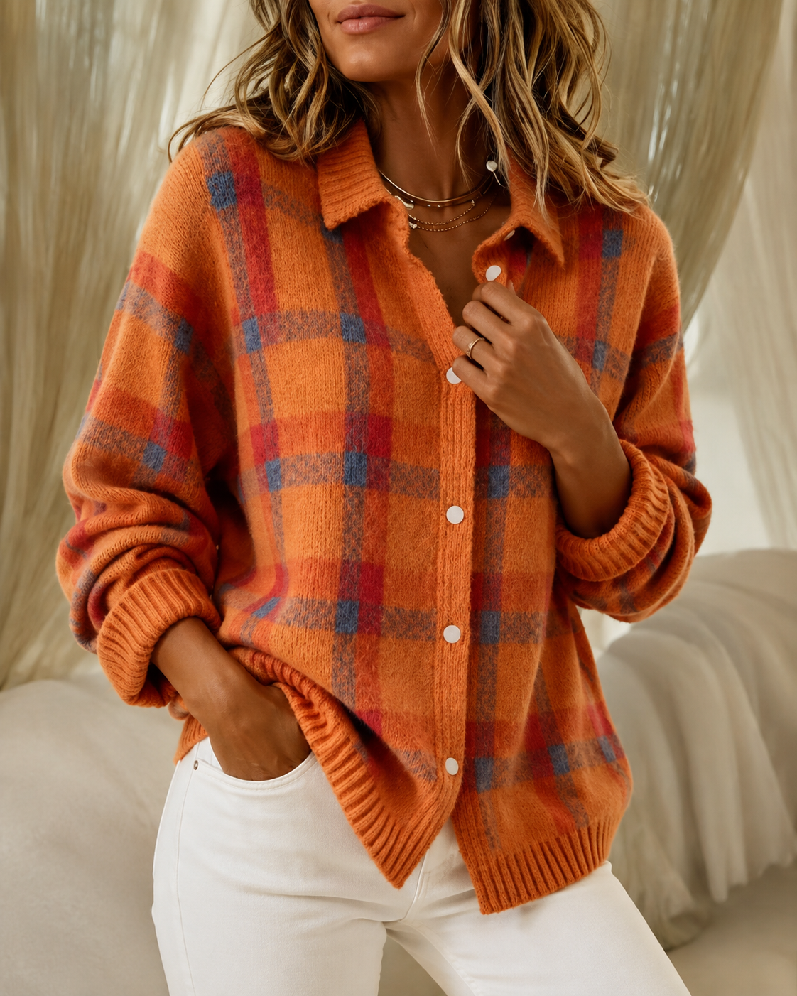Nathalie - Cardigan Chic Carreaux Grosse Maille