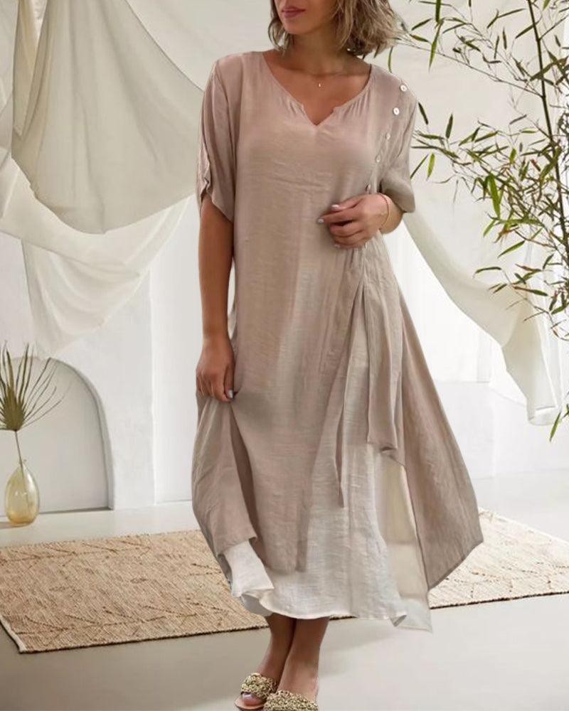 Perrine - Robe à manches courtes - Col en V, Style casual chic - Femme