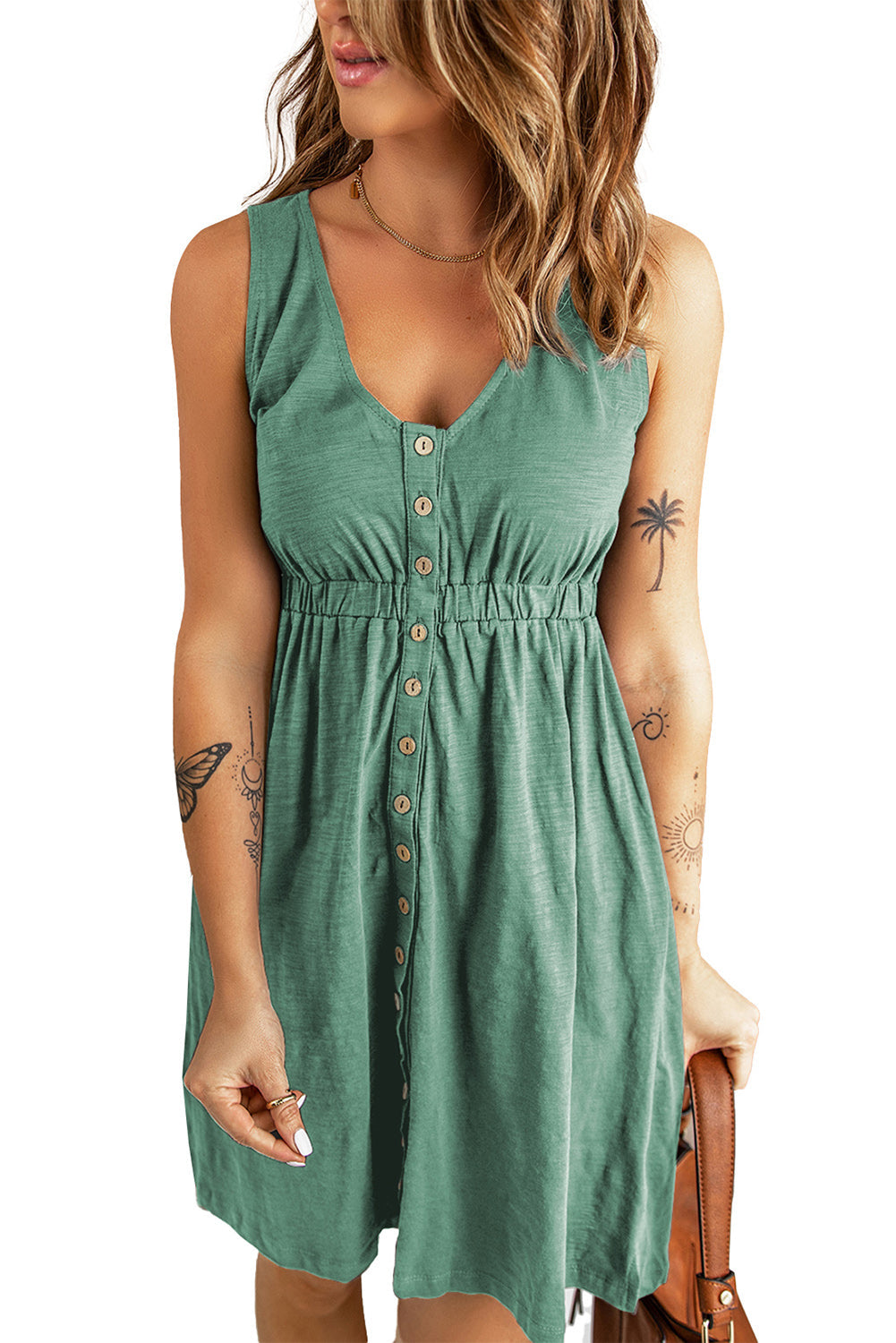 Maëlys - Robe mini - Sans manches, Taille haute, Boutons, Femme