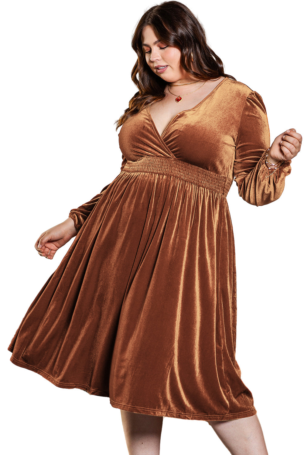 Véronique - Robe en velours - Col V, Manches bouffantes, Femme