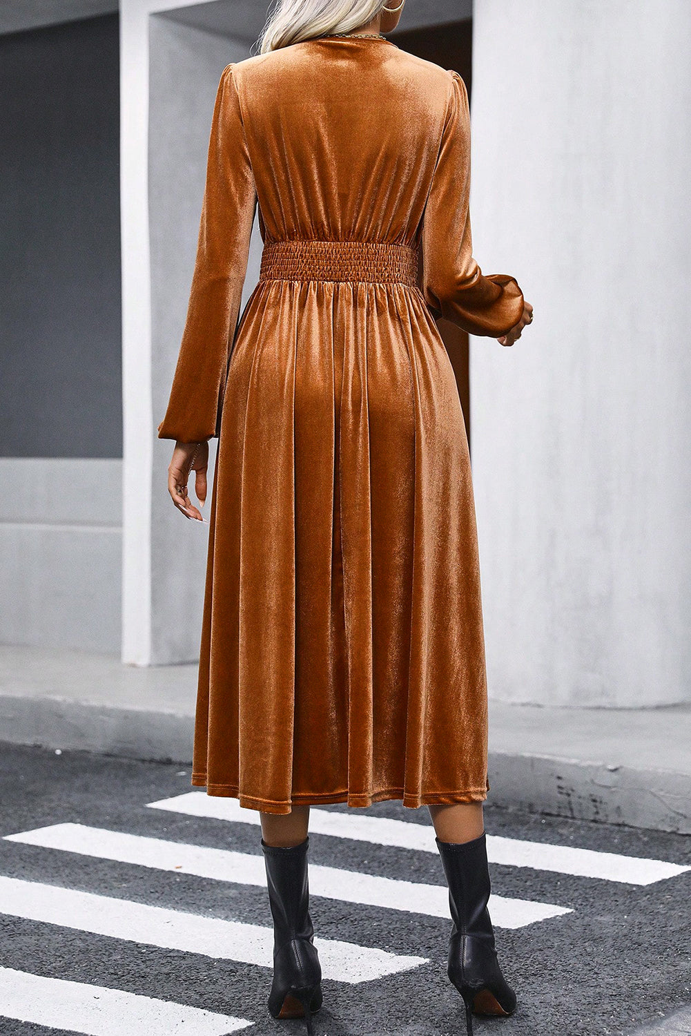 Véronique - Robe en velours - Col V, Manches bouffantes, Femme