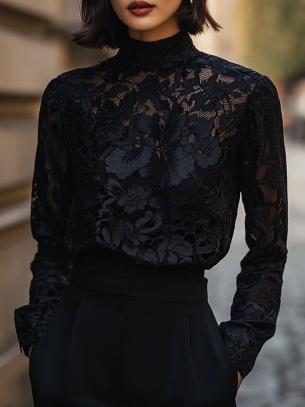 Brigitte - Chemise en Dentelle Élégante Col Haut Femme