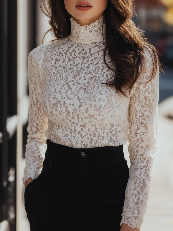 Brigitte - Chemise en Dentelle Élégante Col Haut Femme