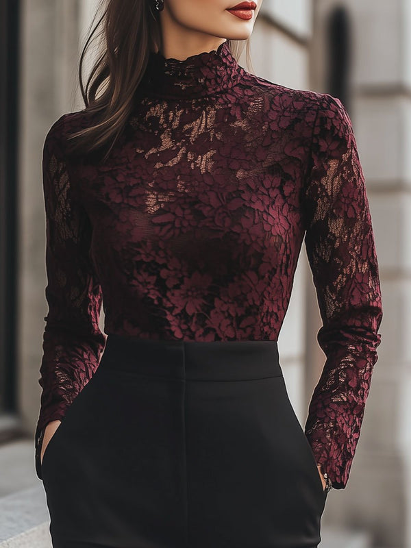 Brigitte - Chemise en Dentelle Élégante Col Haut Femme
