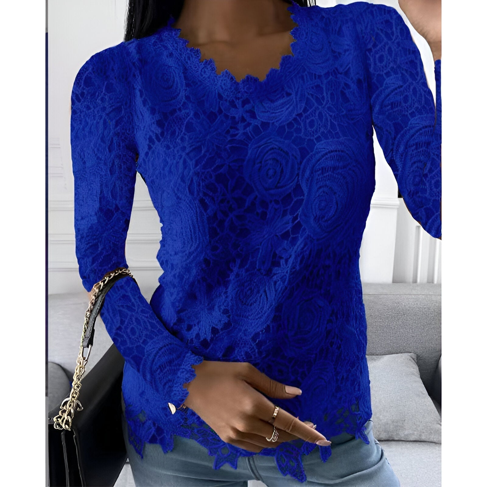Top Femme En Dentelle Manches Longues Col V Élégant - Françoise