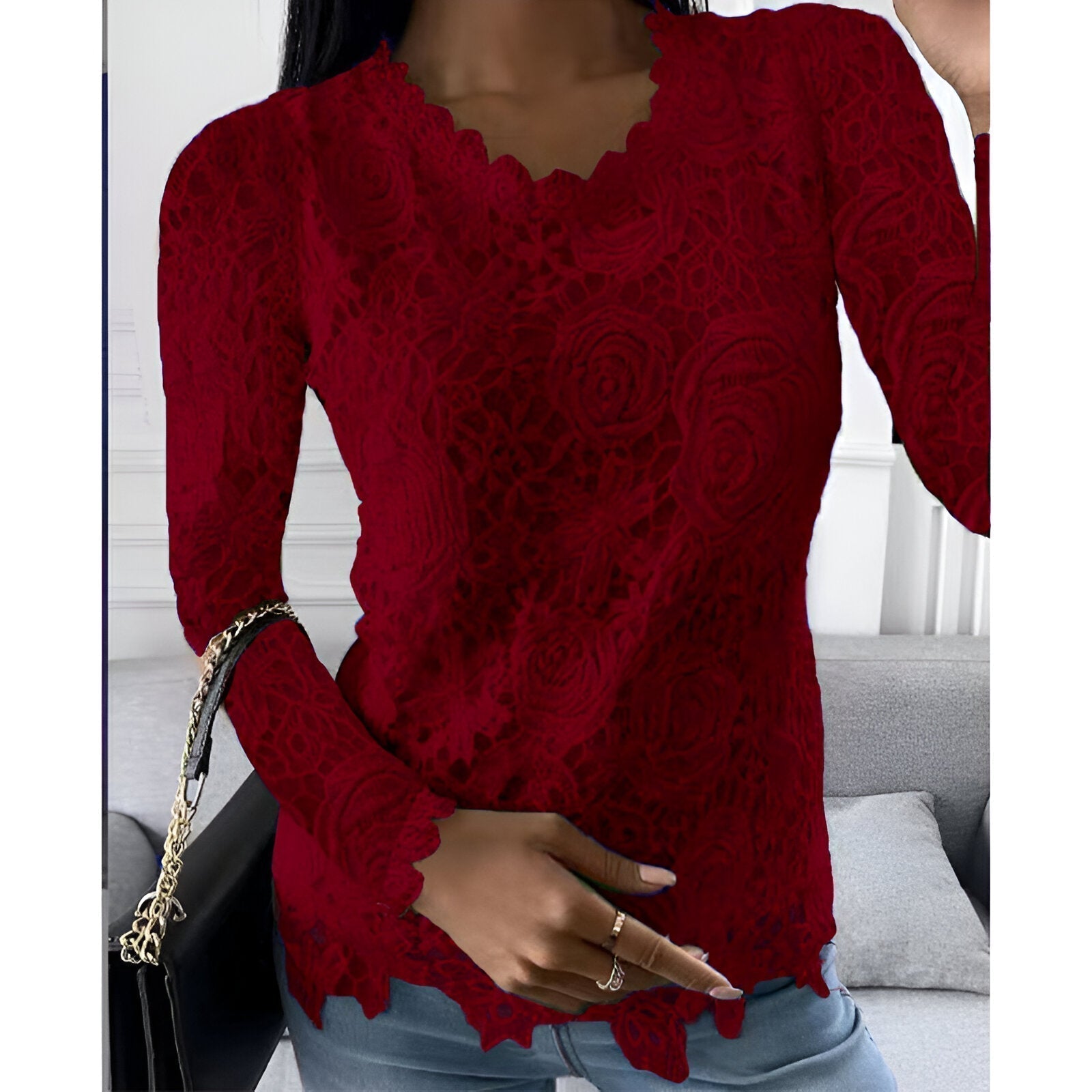 Top Femme En Dentelle Manches Longues Col V Élégant - Françoise