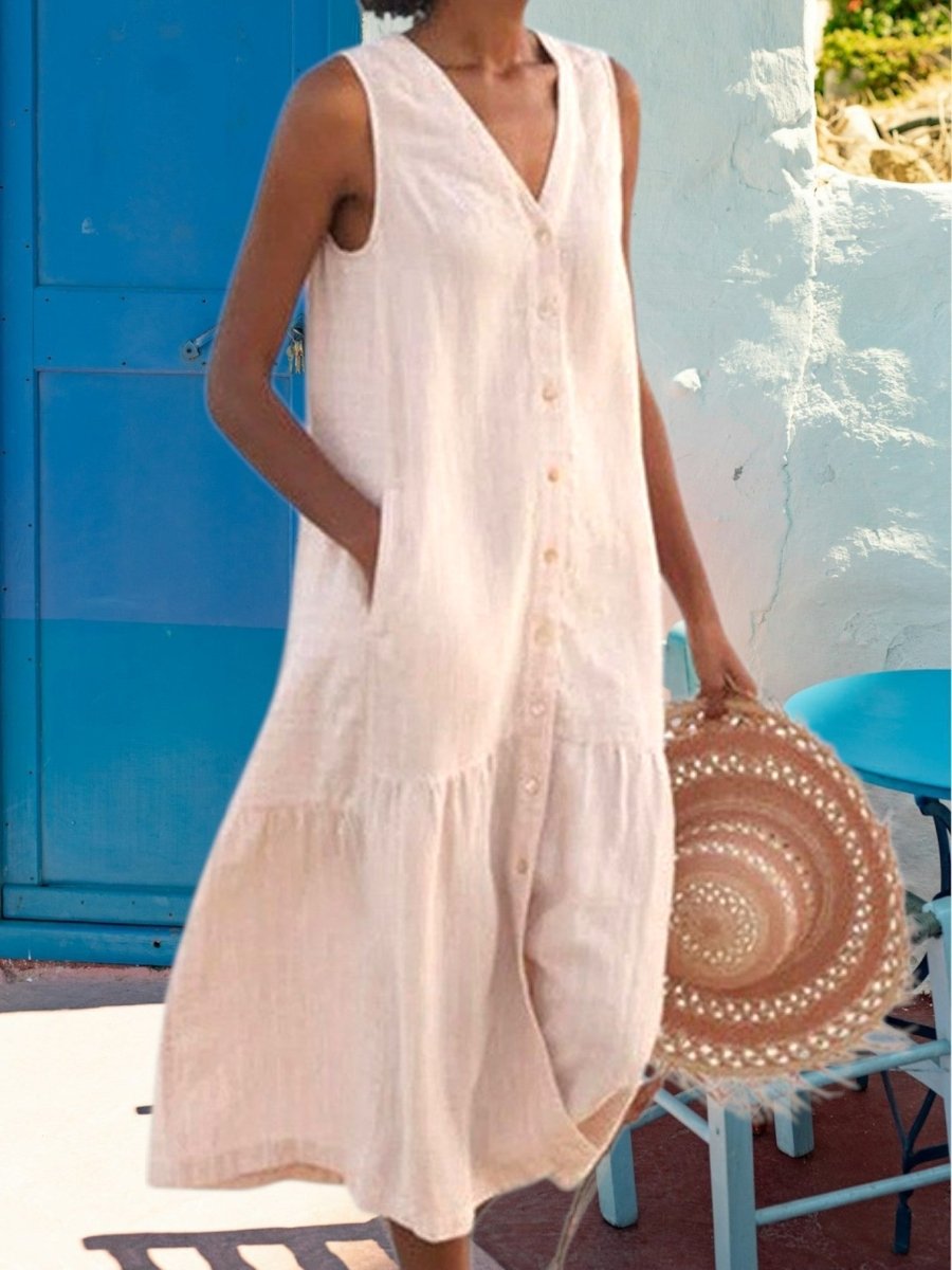 Solange - Robe Midi Lin Sans Manches Boutonnée Femme