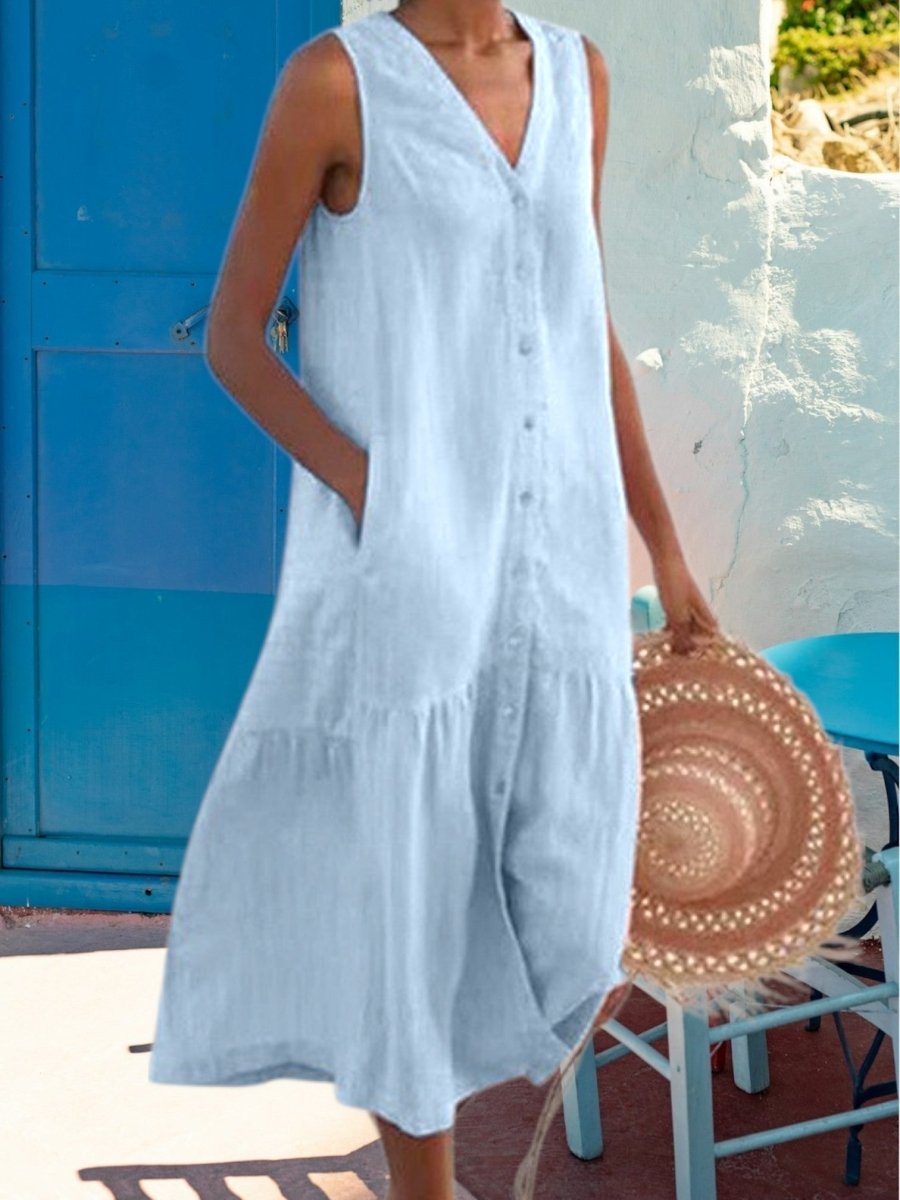 Solange - Robe Midi Lin Sans Manches Boutonnée Femme