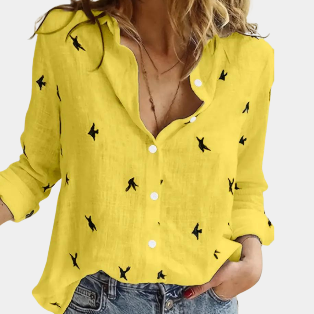 Dominique - Chemise Imprimée Oiseaux Manches Longues Femme