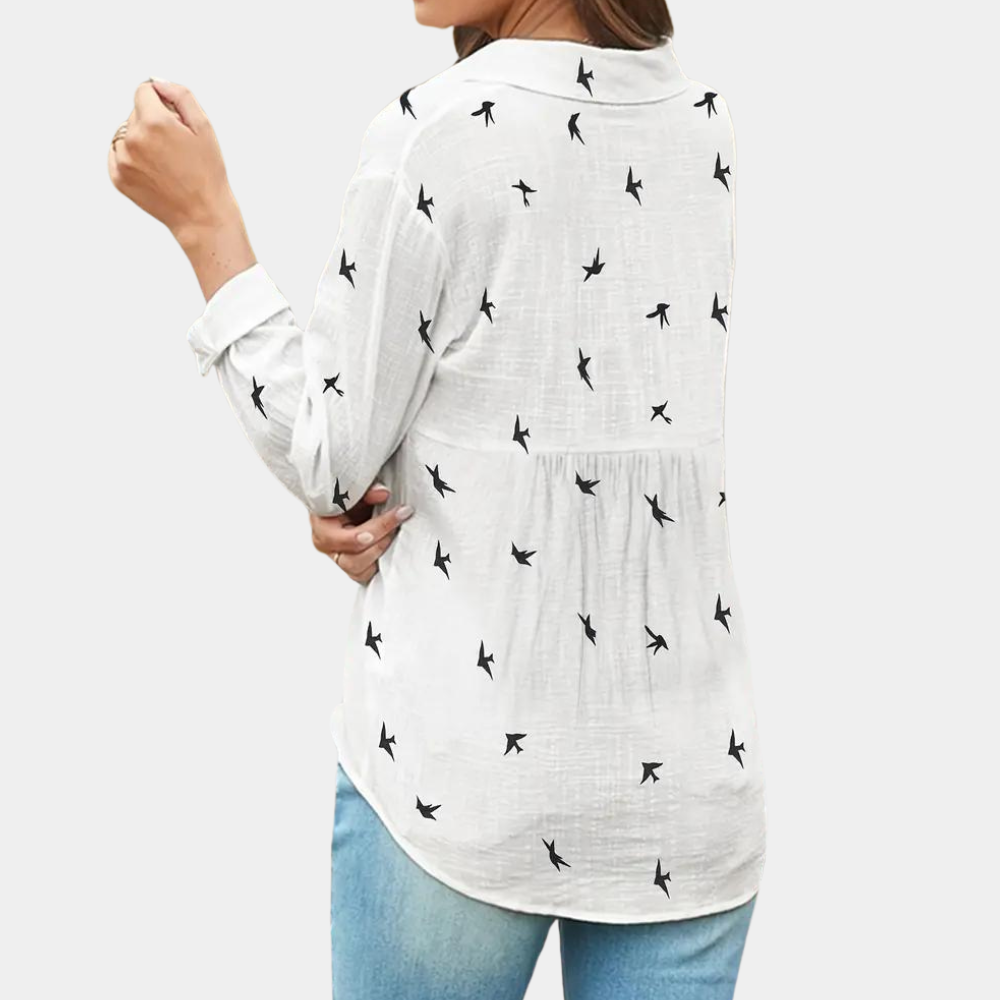 Dominique - Chemise Imprimée Oiseaux Manches Longues Femme