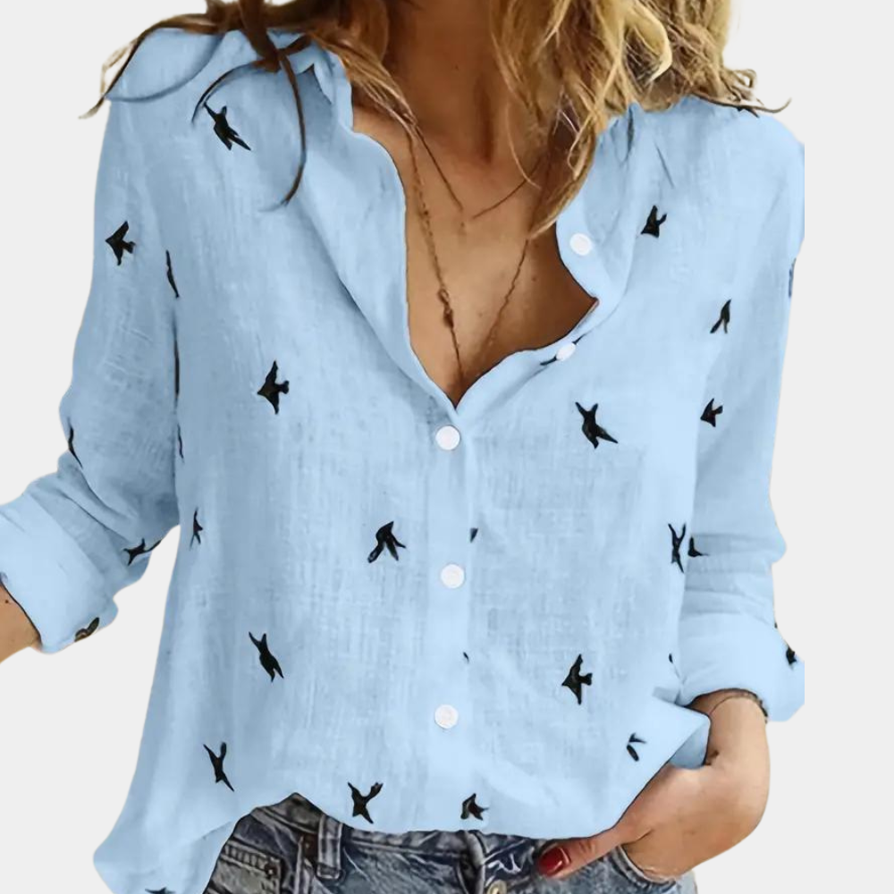 Dominique - Chemise Imprimée Oiseaux Manches Longues Femme